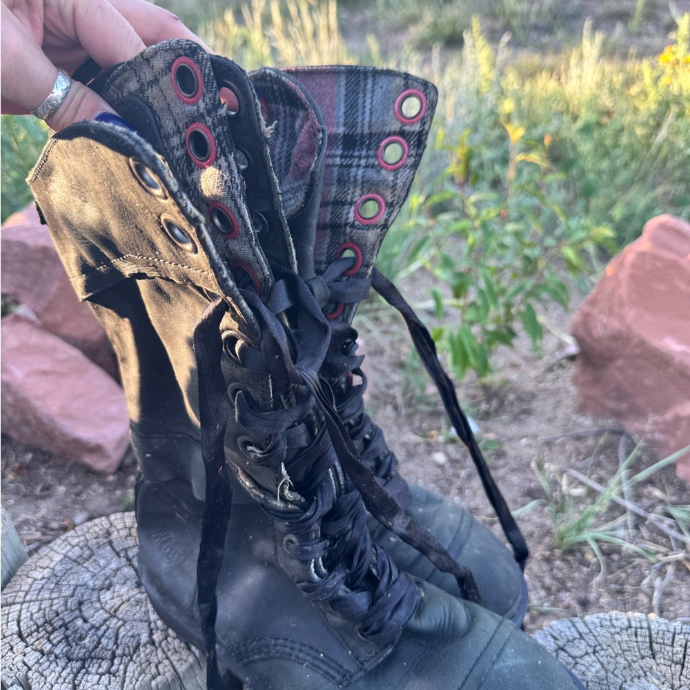 Black Lace-Up Boots with Pink Plaid Lining